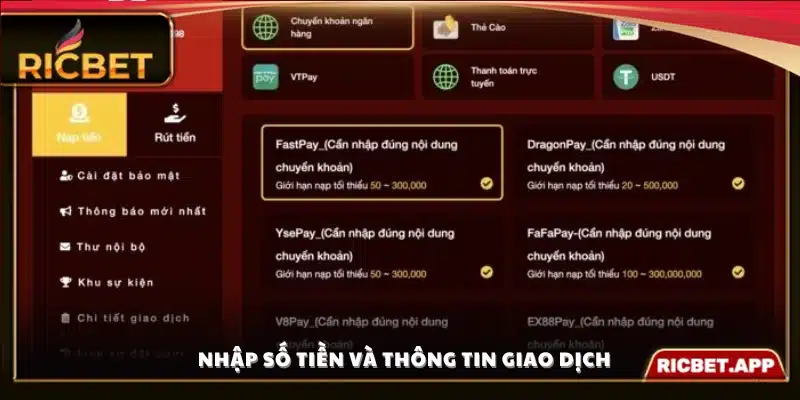 Điền chính xác số tiền cùng chi tiết tài khoản